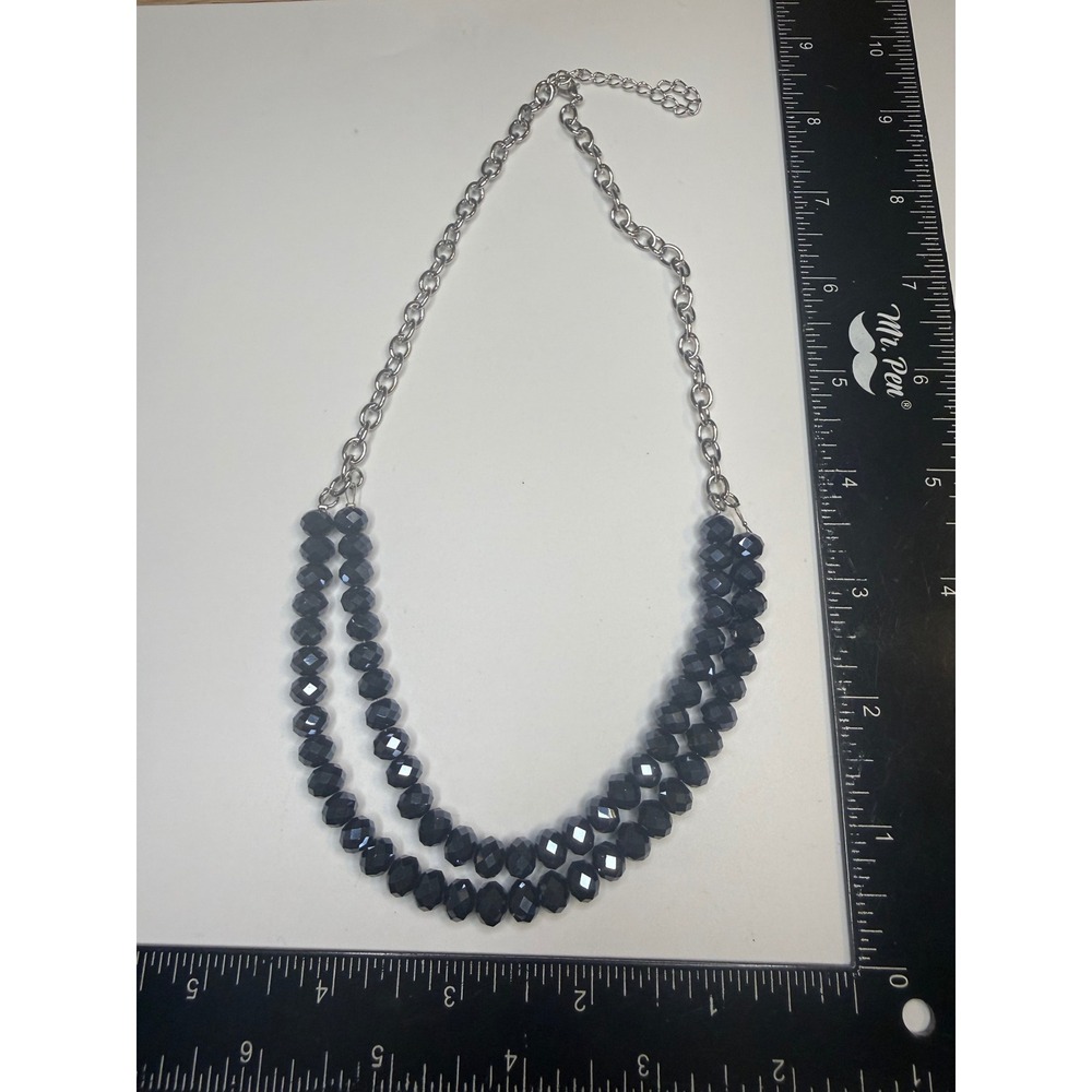 Double Strand Faceted Black Bead Necklace Silver Tone Chain Layered‎ Statement